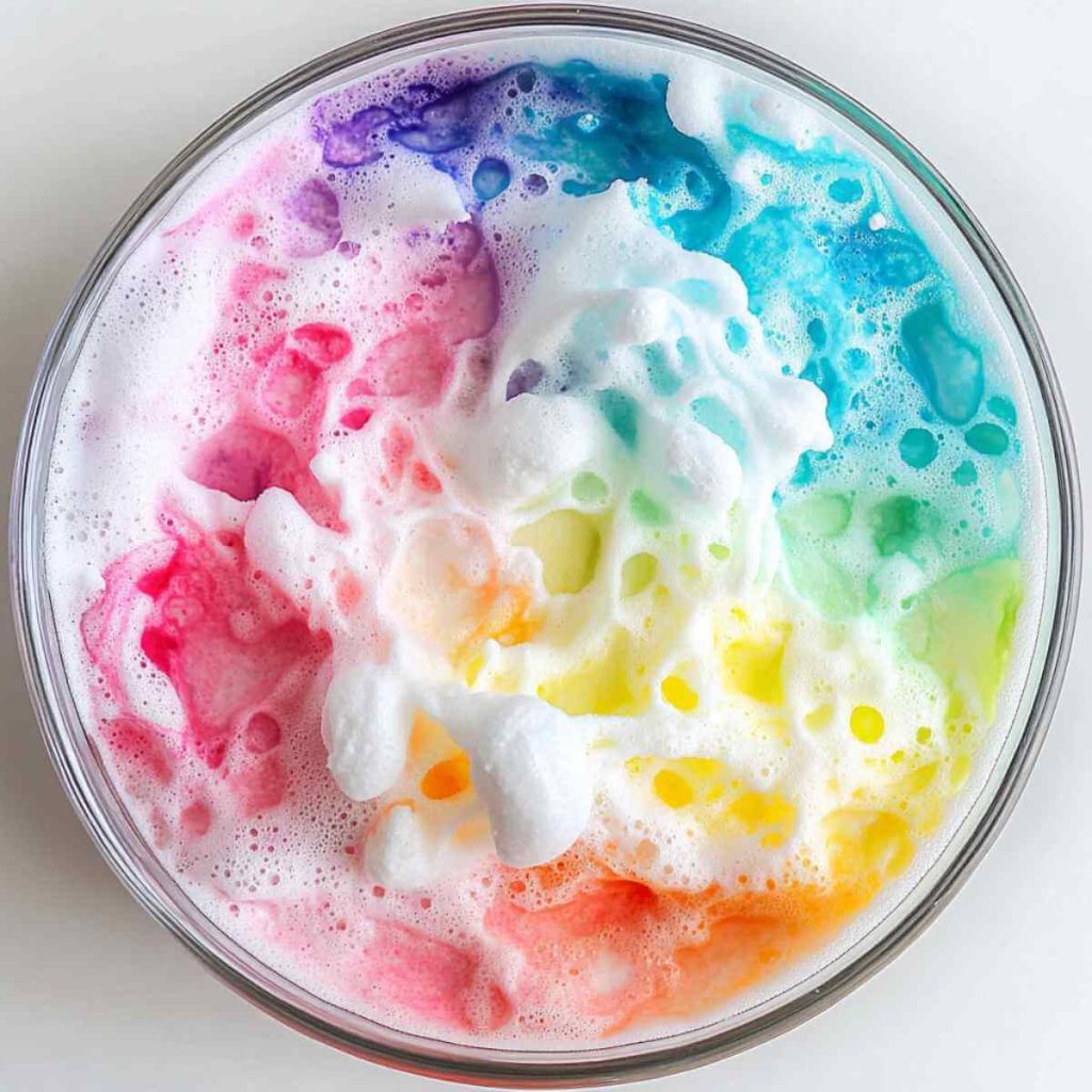 A bowl filled with colourful, foamy bubbles in a rainbow pattern, showcasing a vibrant sensory activity. This image represents a fun and creative 10-Minute Sensory Art Project, using household items to engage toddlers in visual and tactile exploration.
