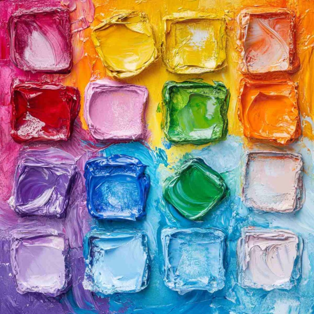A vibrant arrangement of colourful paint squares resembling melted ice, illustrating a creative sensory art activity. This image highlights one of the 10-Minute Sensory Art Projects that uses simple materials to inspire toddlers' creativity and sensory exploration.