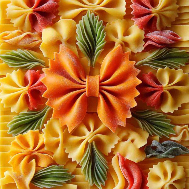 An intricate display of colourful pasta shapes, including bowties and leaves, arranged artistically. Perfect for inspiring DIY craft ideas, especially when considering why make toddler art from home as a fun and creative activity for kids.