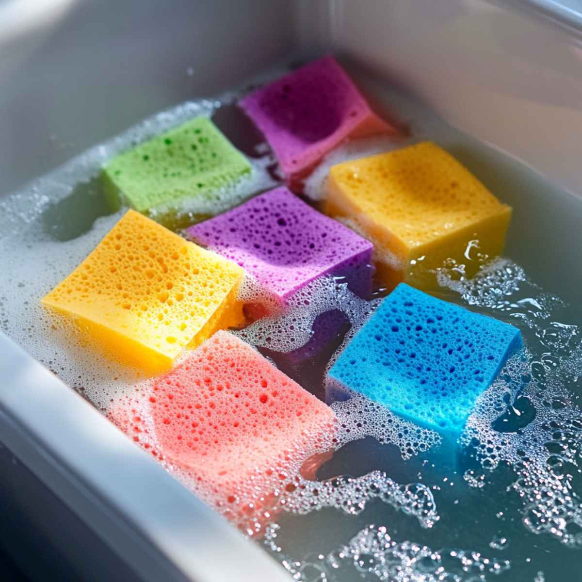 tub of water with sponges A shallow tub filled with colourful sponges and bubbly water, showcasing an example of a water play station. This setup demonstrates one of the No-Cost Sensory Activities Using Household Items, designed to engage toddlers in hands-on learning and sensory exploration.
